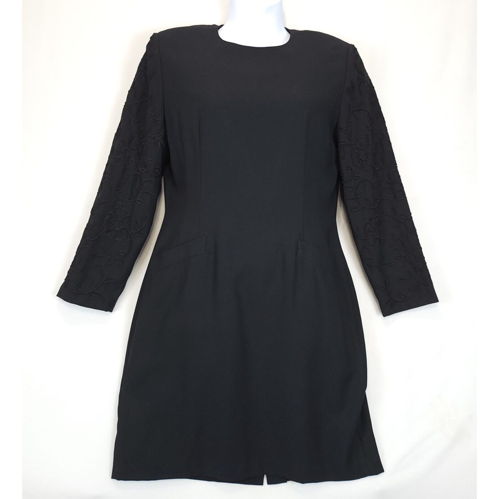 Kasper Embroidered Sleeves Sheath Dress Black‎ Women 14 Lined Back Zip Classic